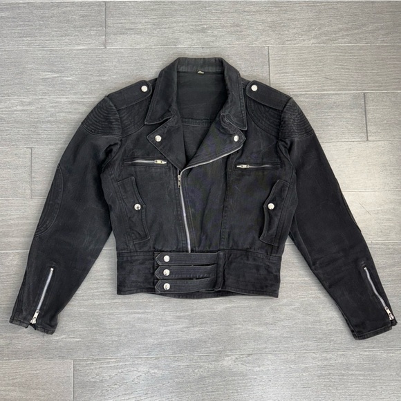Cooper Sportswear Vintage Cropped Denim Moto Jean Jacket Black Gray Motorcycle S - Picture 13 of 16